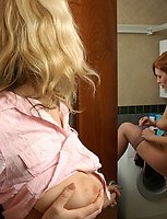 Blonde voyeur in suntan nylons peeking at her friend and tasting her pussy